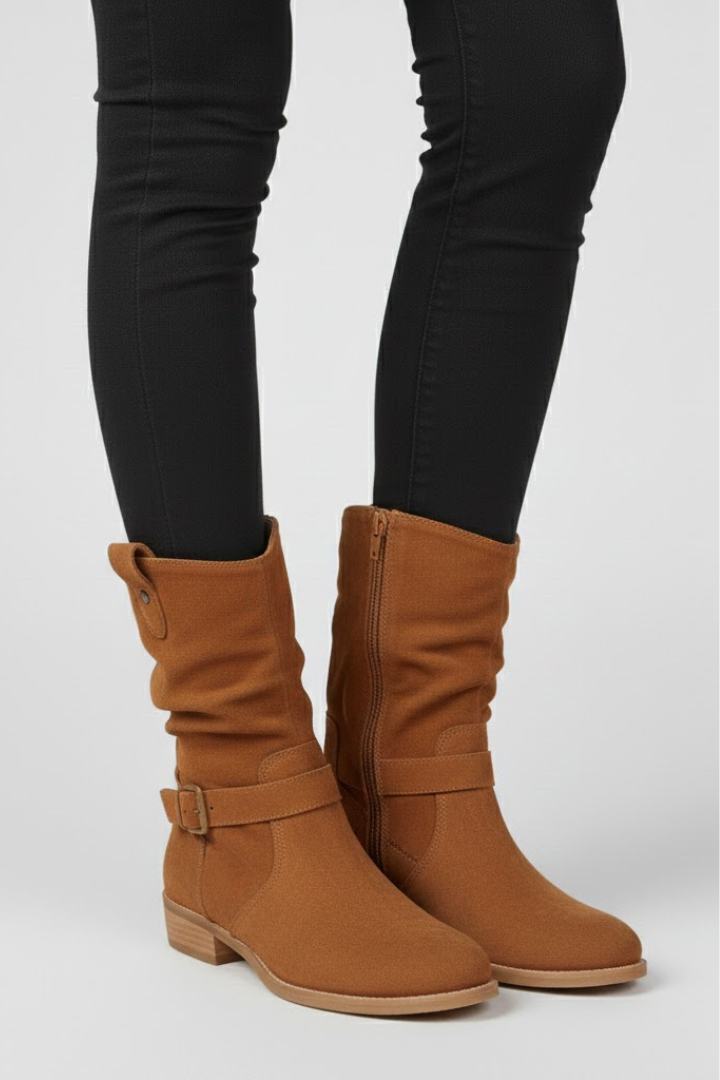 Brown boots worn with black pants on a white background