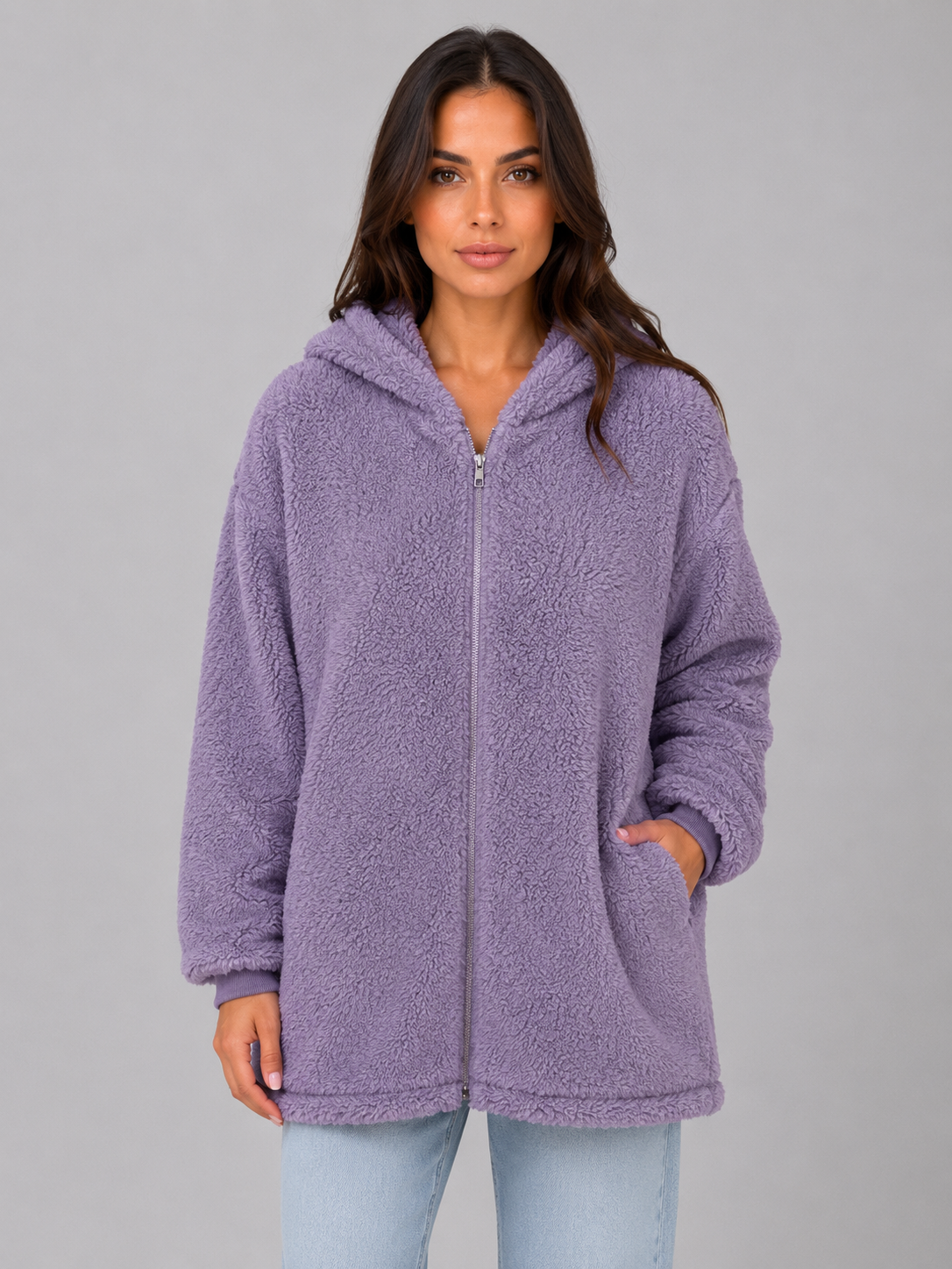Beverly hooded teddy fleece cardigan longline - front view