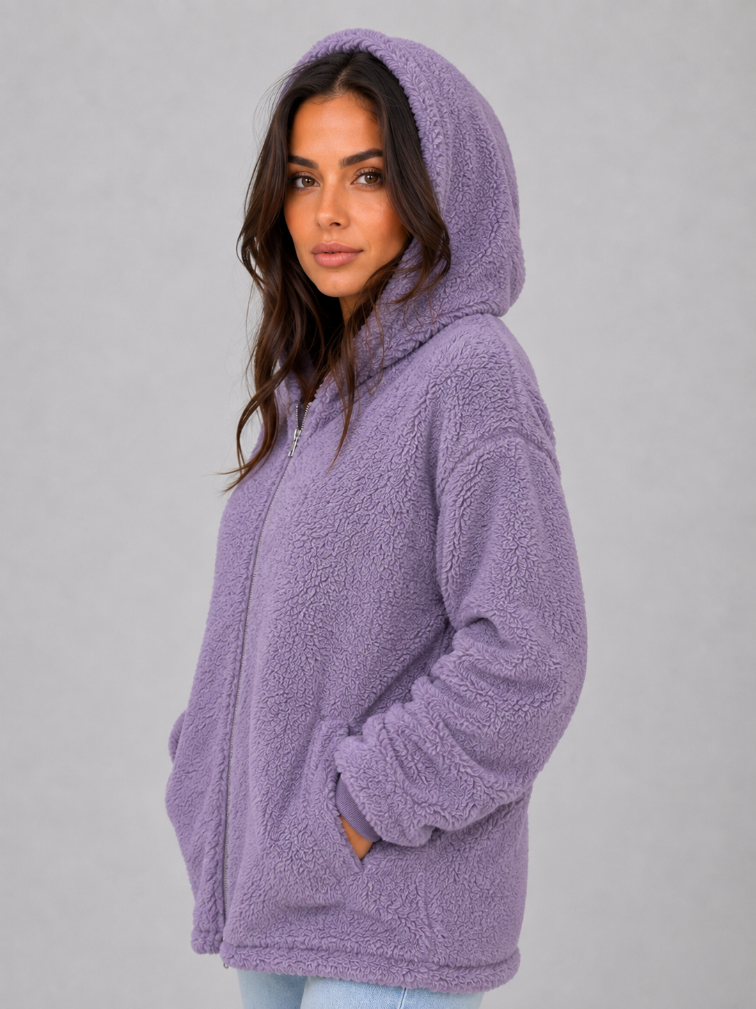 Beverly hooded teddy fleece cardigan longline - back view