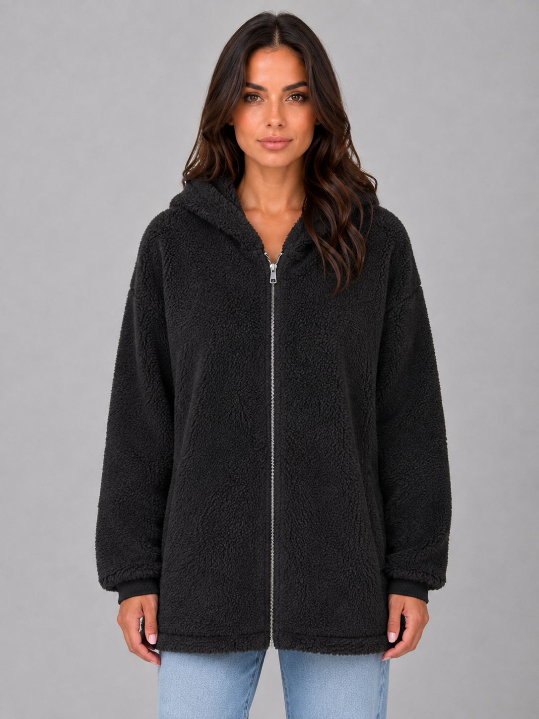Beverly hooded teddy fleece cardigan longline - hood detail