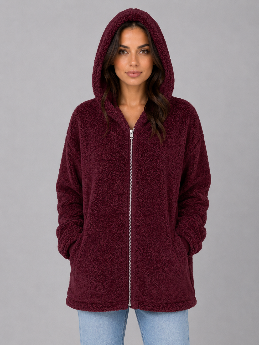 Beverly hooded teddy fleece cardigan longline - color options 1