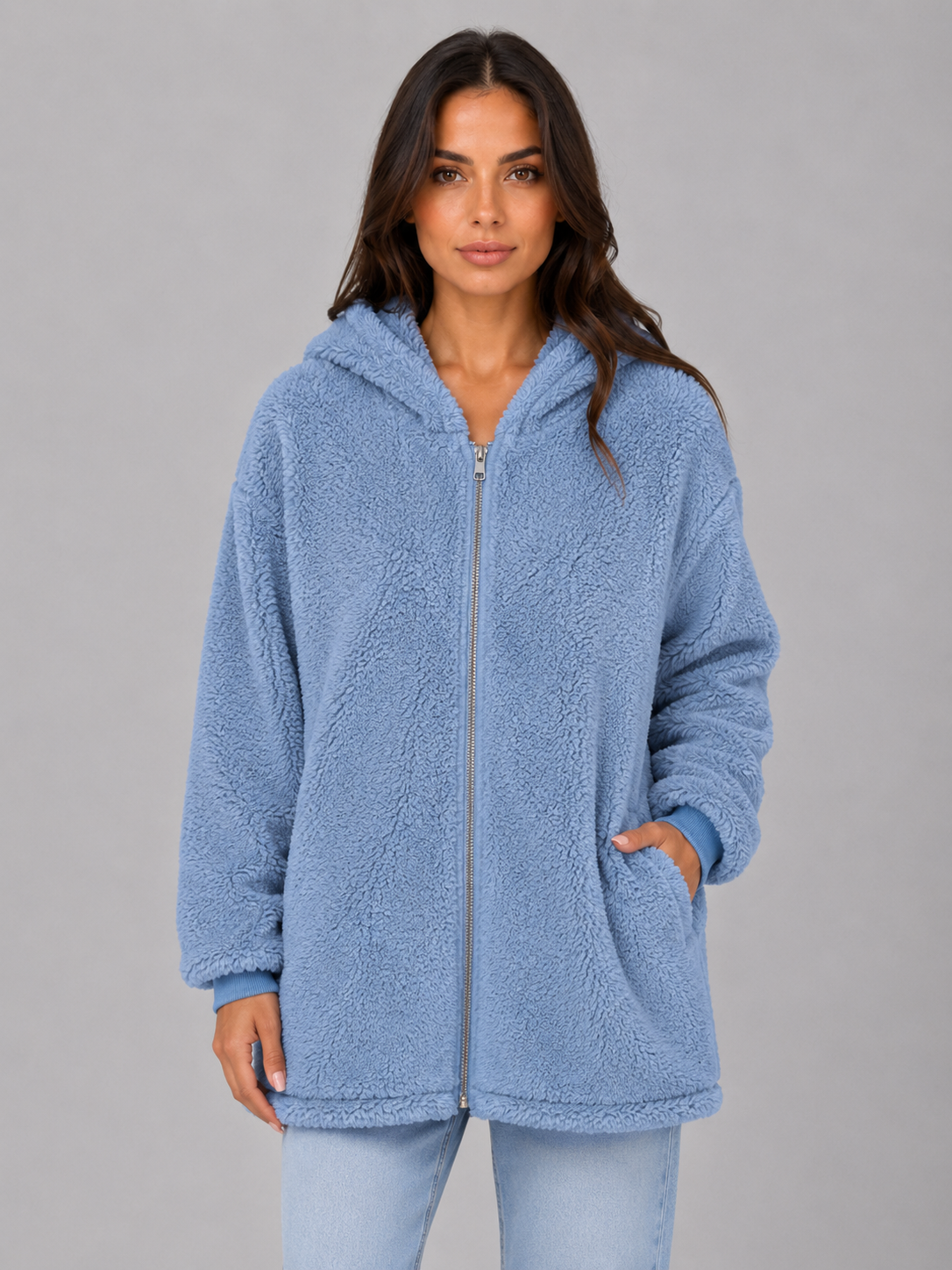 Beverly hooded teddy fleece cardigan longline - styled outfit