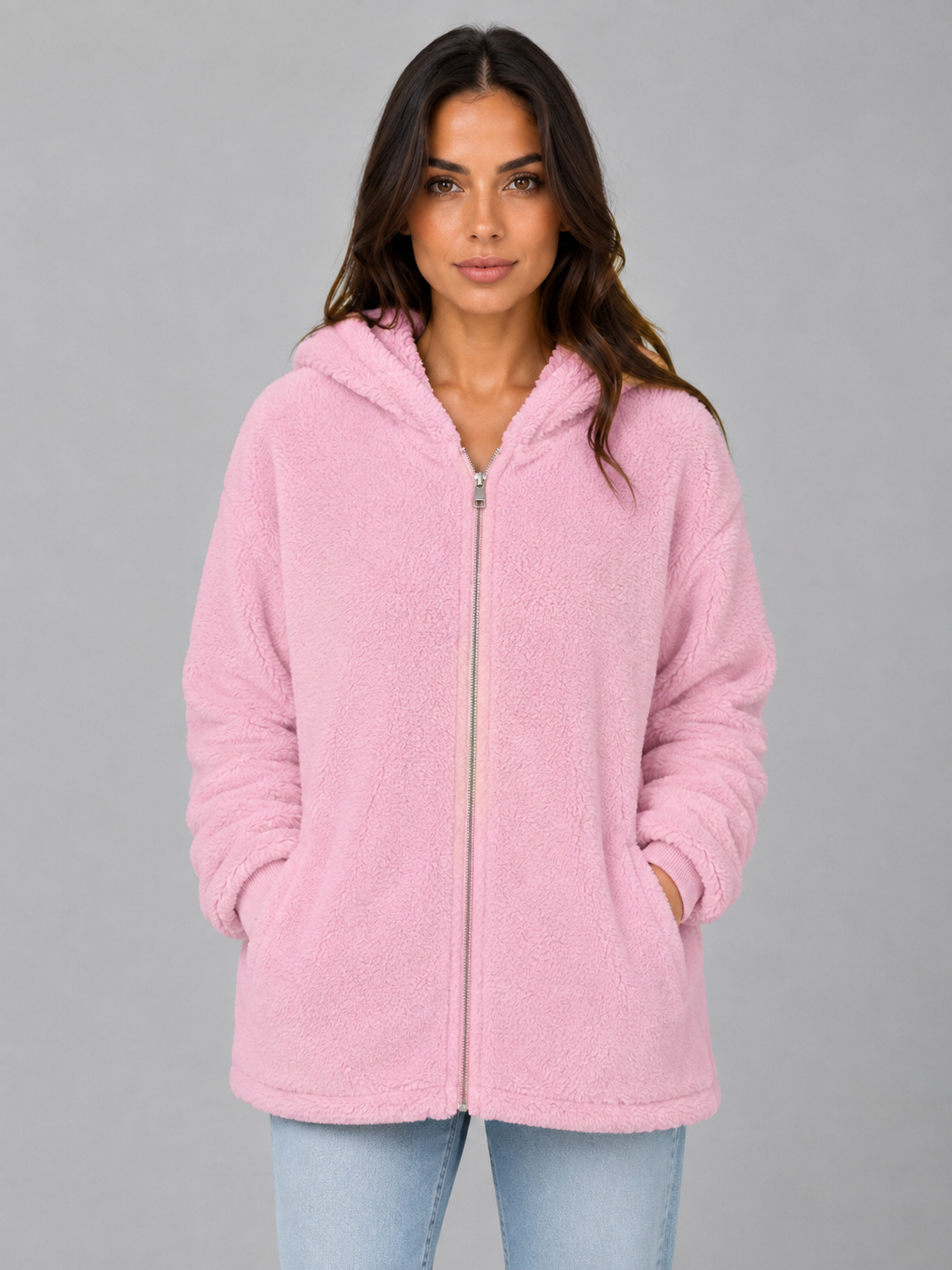 Beverly hooded teddy fleece cardigan longline - full look