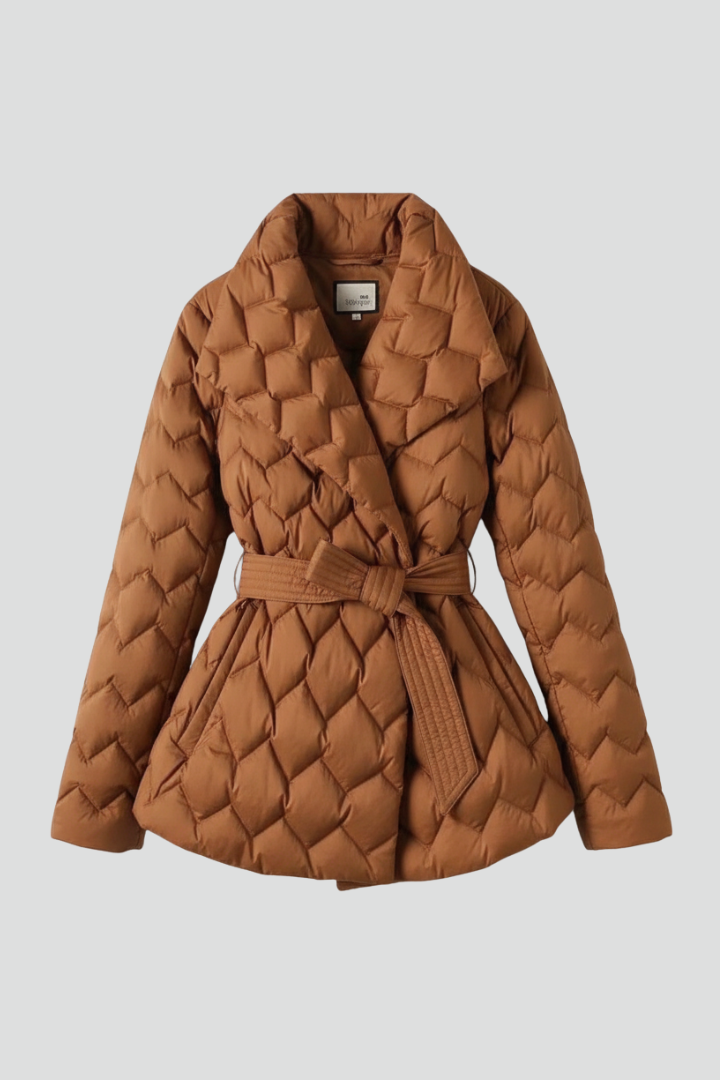 Bianchina down coat with belted waist - front view
