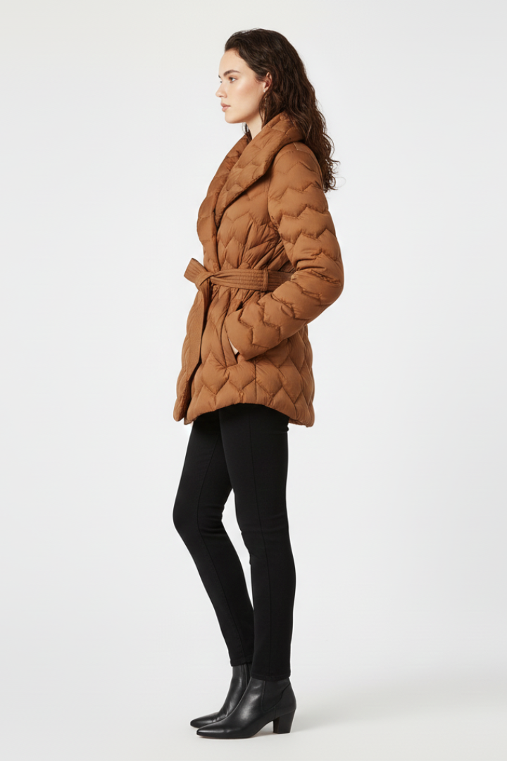 Bianchina down coat with belted waist - full look