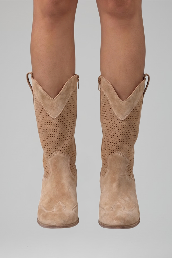 Tan cowboy boots on a neutral background