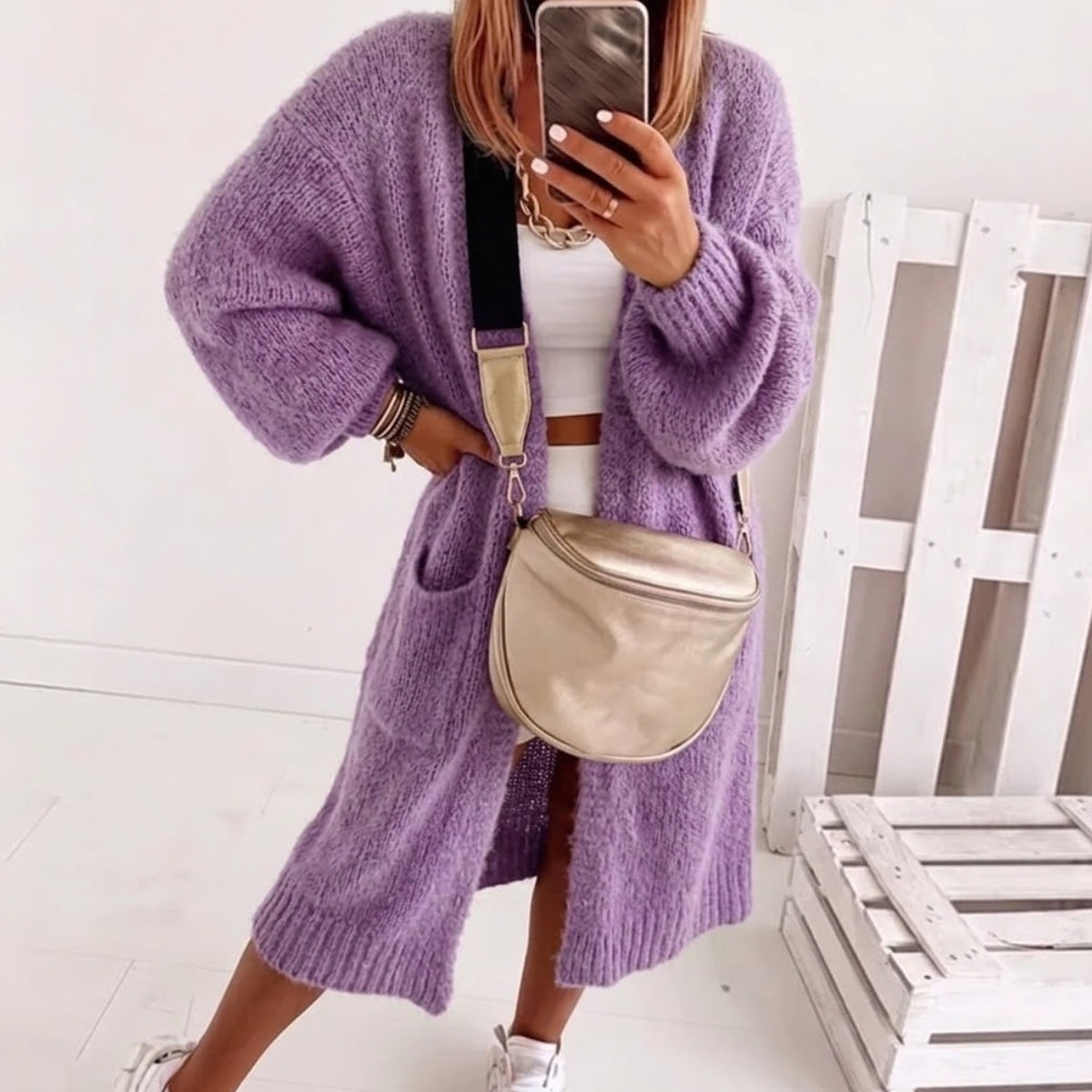 Calanthe oversized open-front balloon sleeve cardigan, lavender