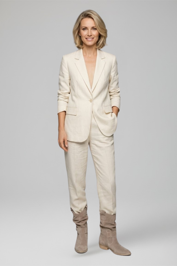 Woman wearing a beige suit with brown boots on a plain background