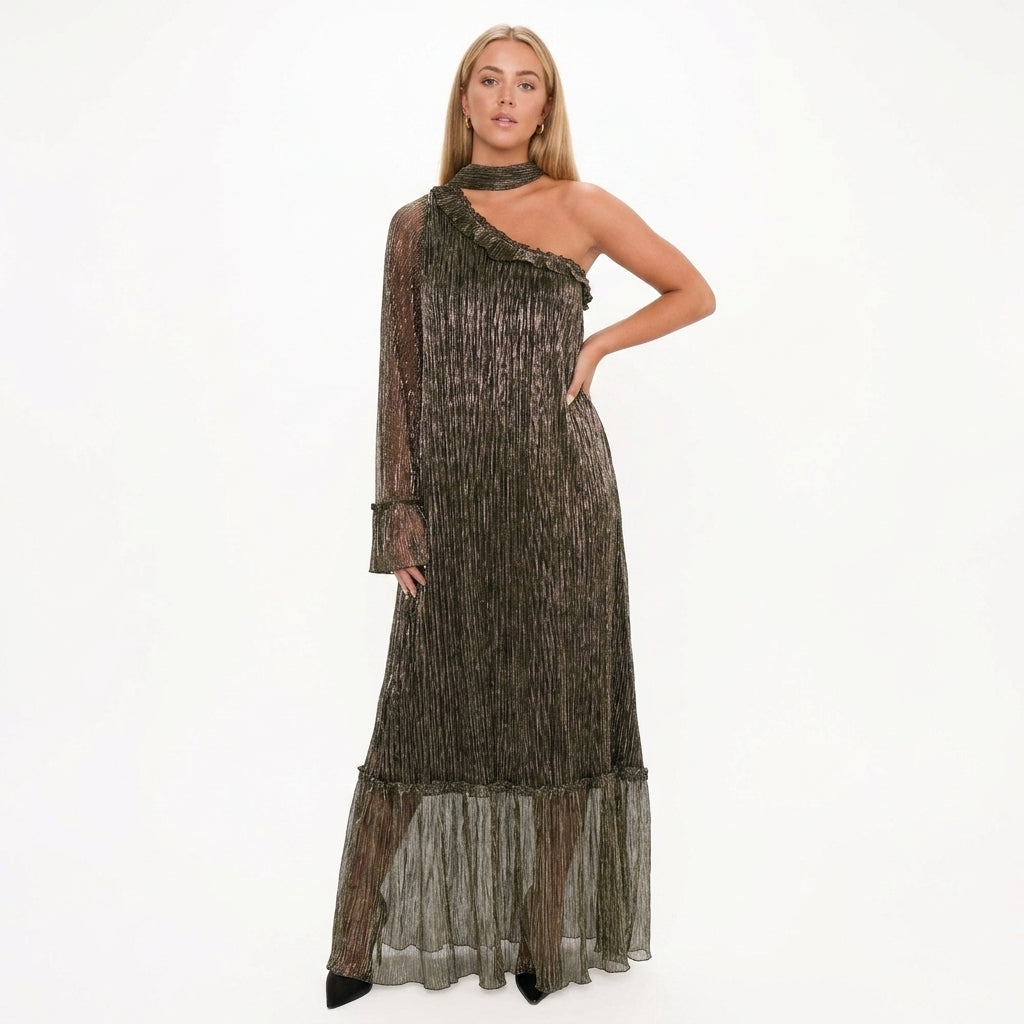 Cecilie | One Shoulder Metallic Pleated Maxi Dress
