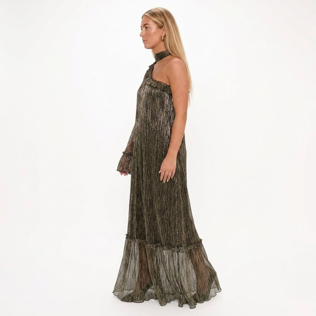 Cecilie | One Shoulder Metallic Pleated Maxi Dress