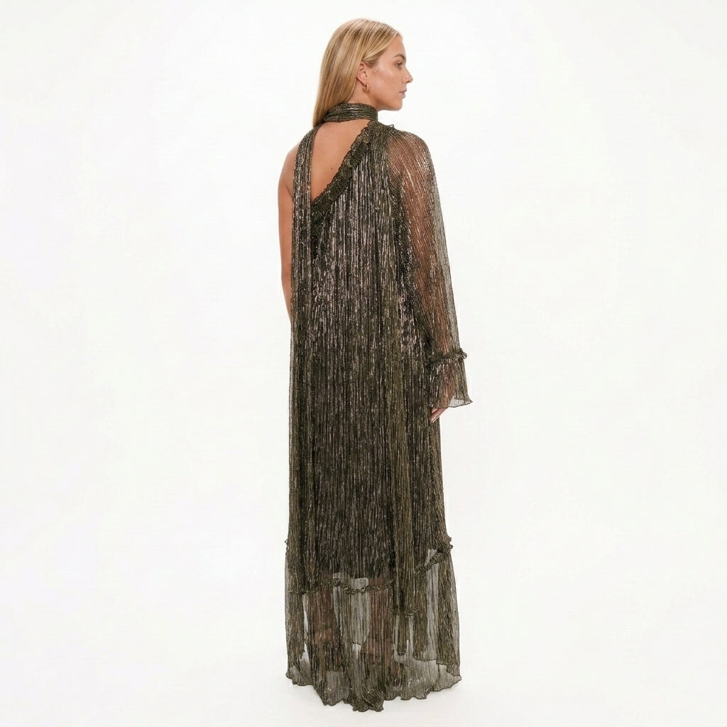 Cecilie | One Shoulder Metallic Pleated Maxi Dress