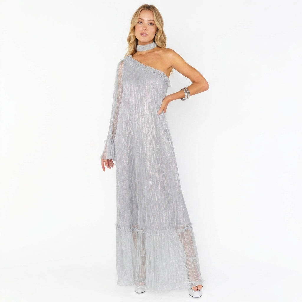 Cecilie | One Shoulder Metallic Pleated Maxi Dress