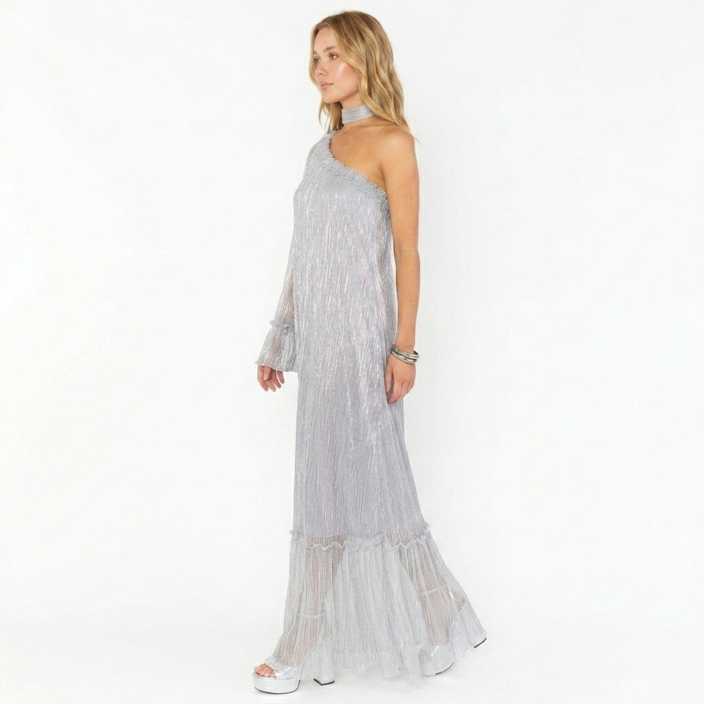 Cecilie | One Shoulder Metallic Pleated Maxi Dress