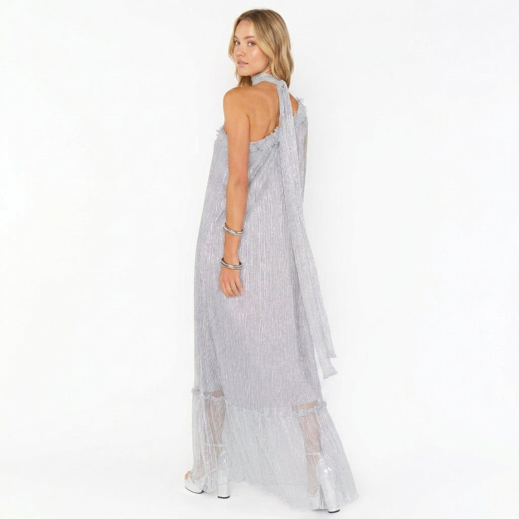 Cecilie | One Shoulder Metallic Pleated Maxi Dress