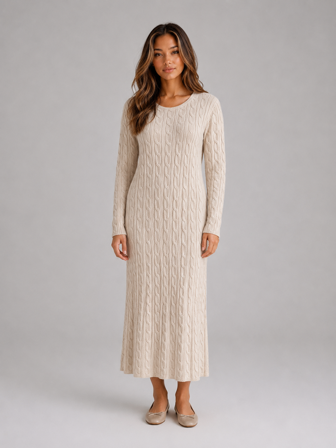 Celia cable knit maxi dress long sleeve - front view