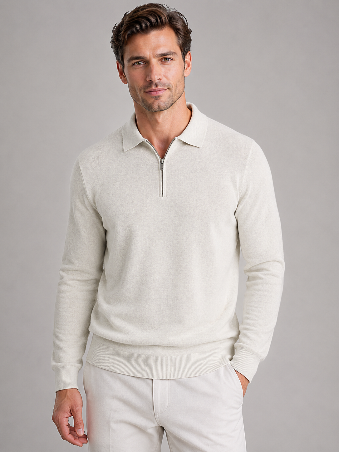 Charles quarter zip polo sweater fine knit - styled outfit