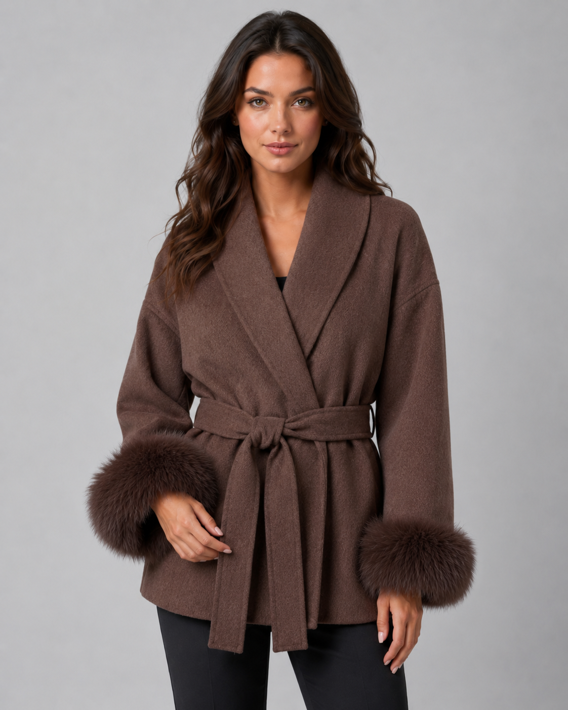 Cheryl belted wrap coat faux fur cuffs - front view