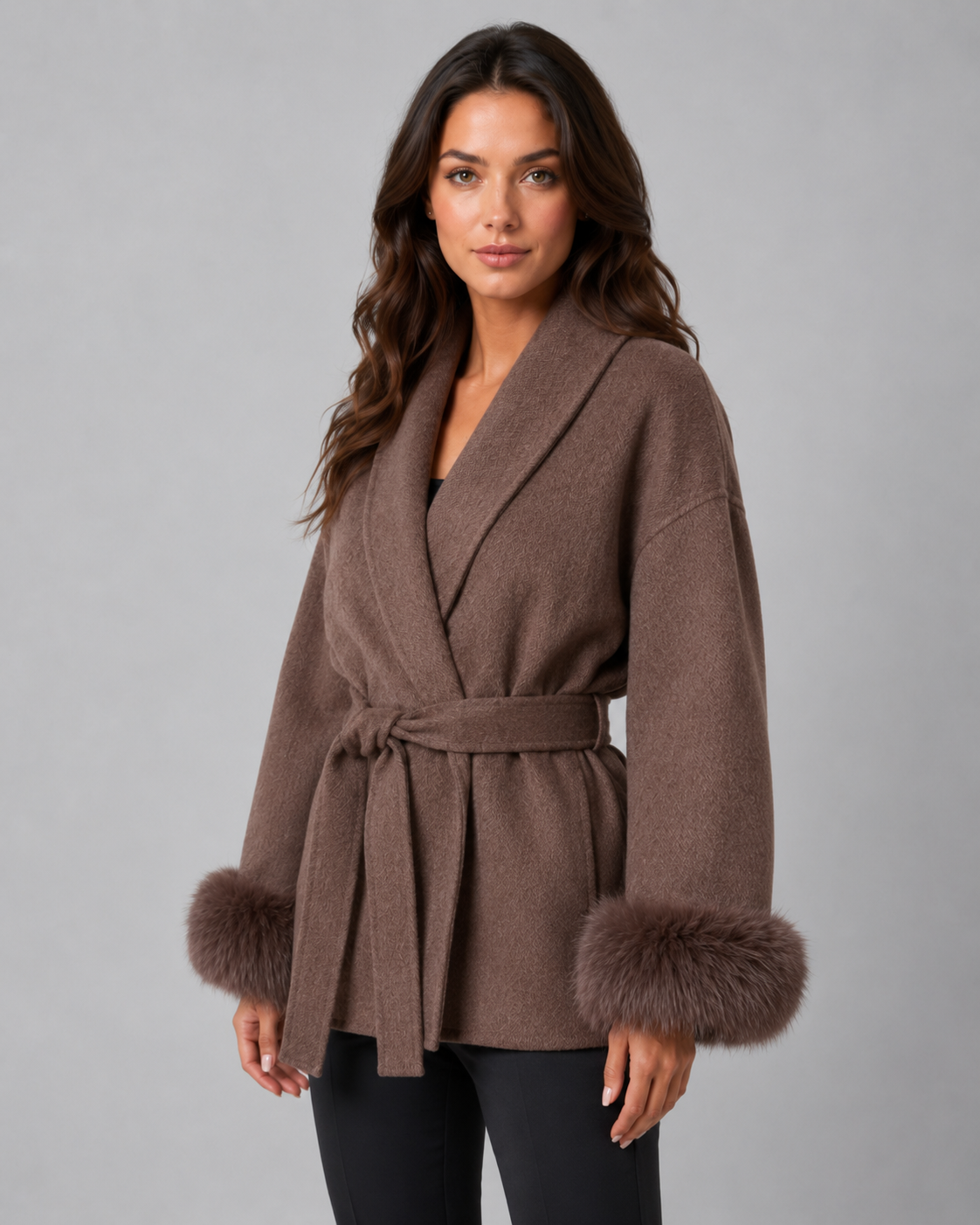 Cheryl belted wrap coat faux fur cuffs - side view