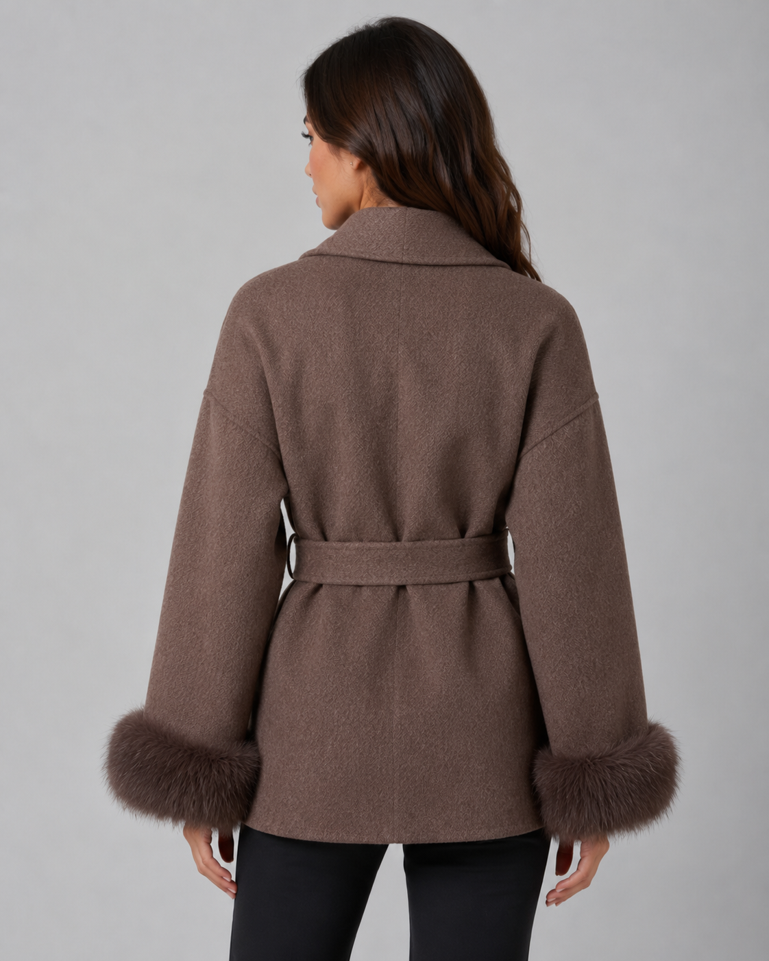 Cheryl belted wrap coat faux fur cuffs - back view