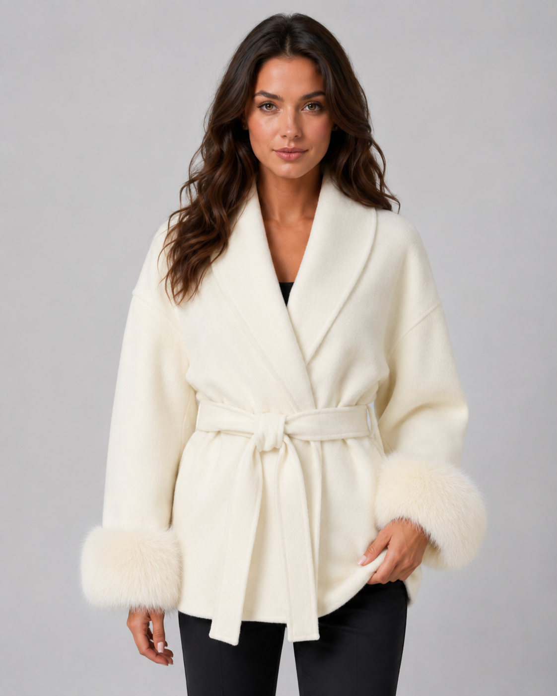 Cheryl belted wrap coat faux fur cuffs - cuff detail
