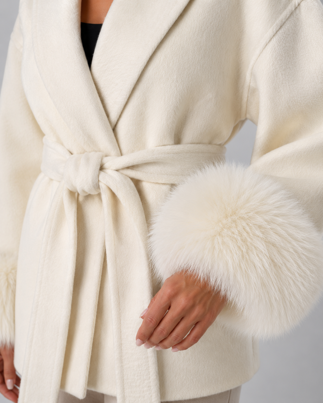 Cheryl belted wrap coat faux fur cuffs - belt detail