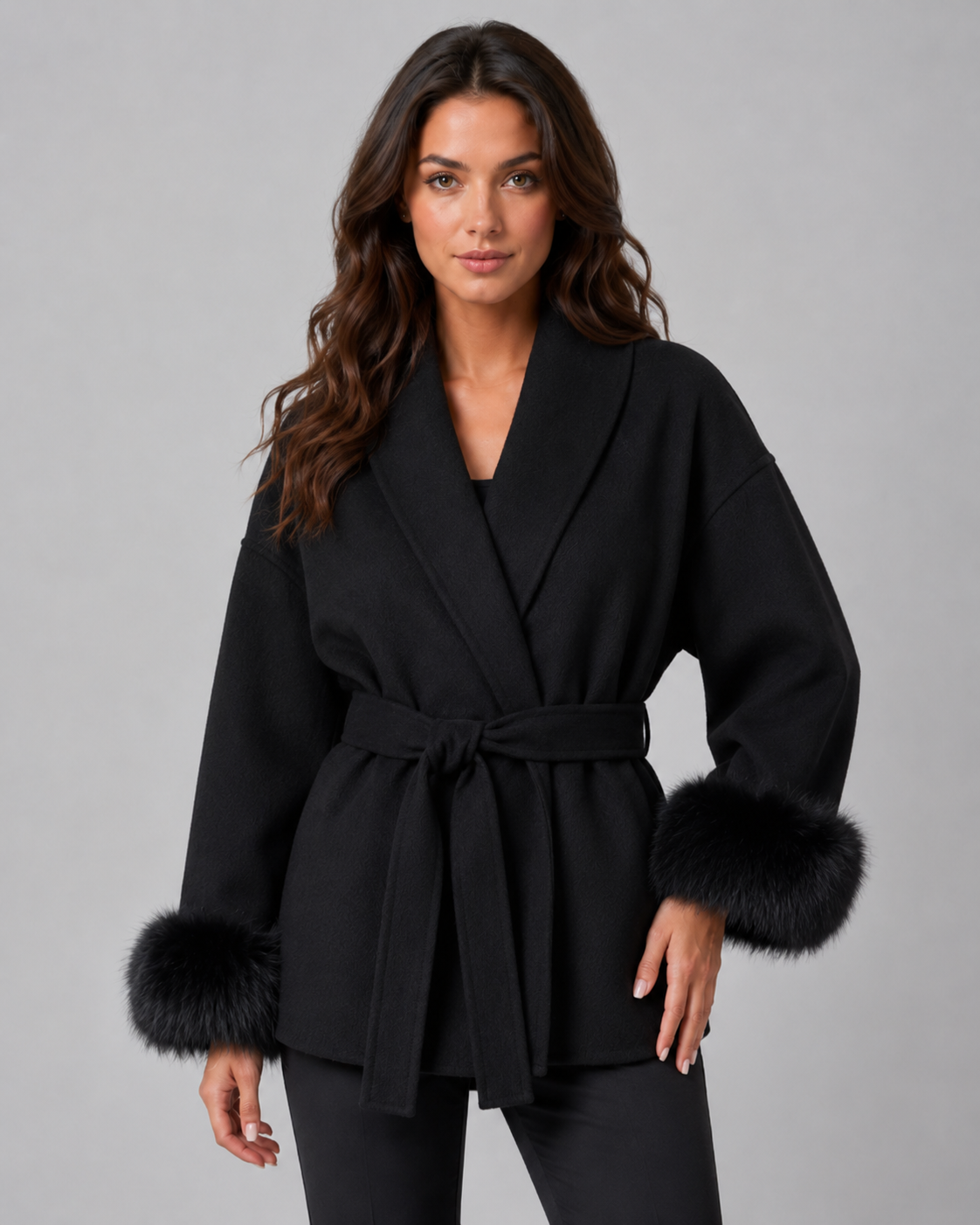 Cheryl belted wrap coat faux fur cuffs - color options 2