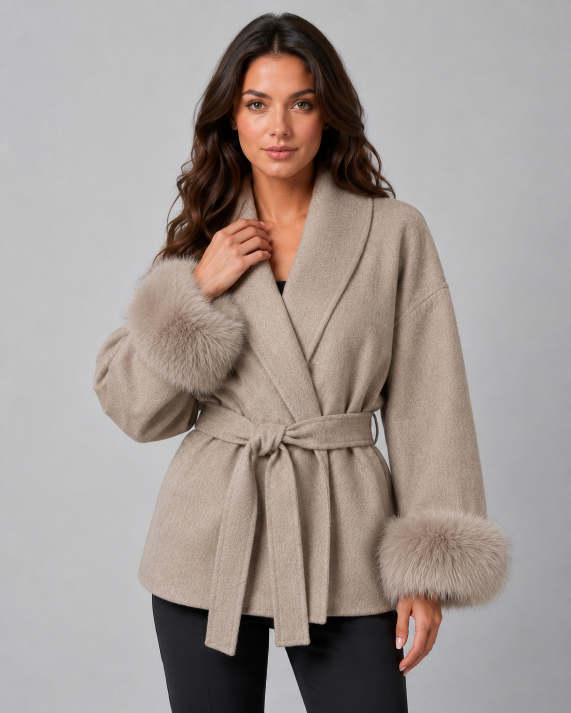 Cheryl belted wrap coat faux fur cuffs - styled outfit