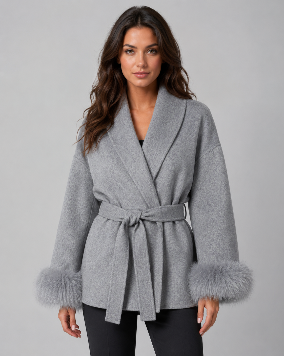 Cheryl belted wrap coat faux fur cuffs - full look