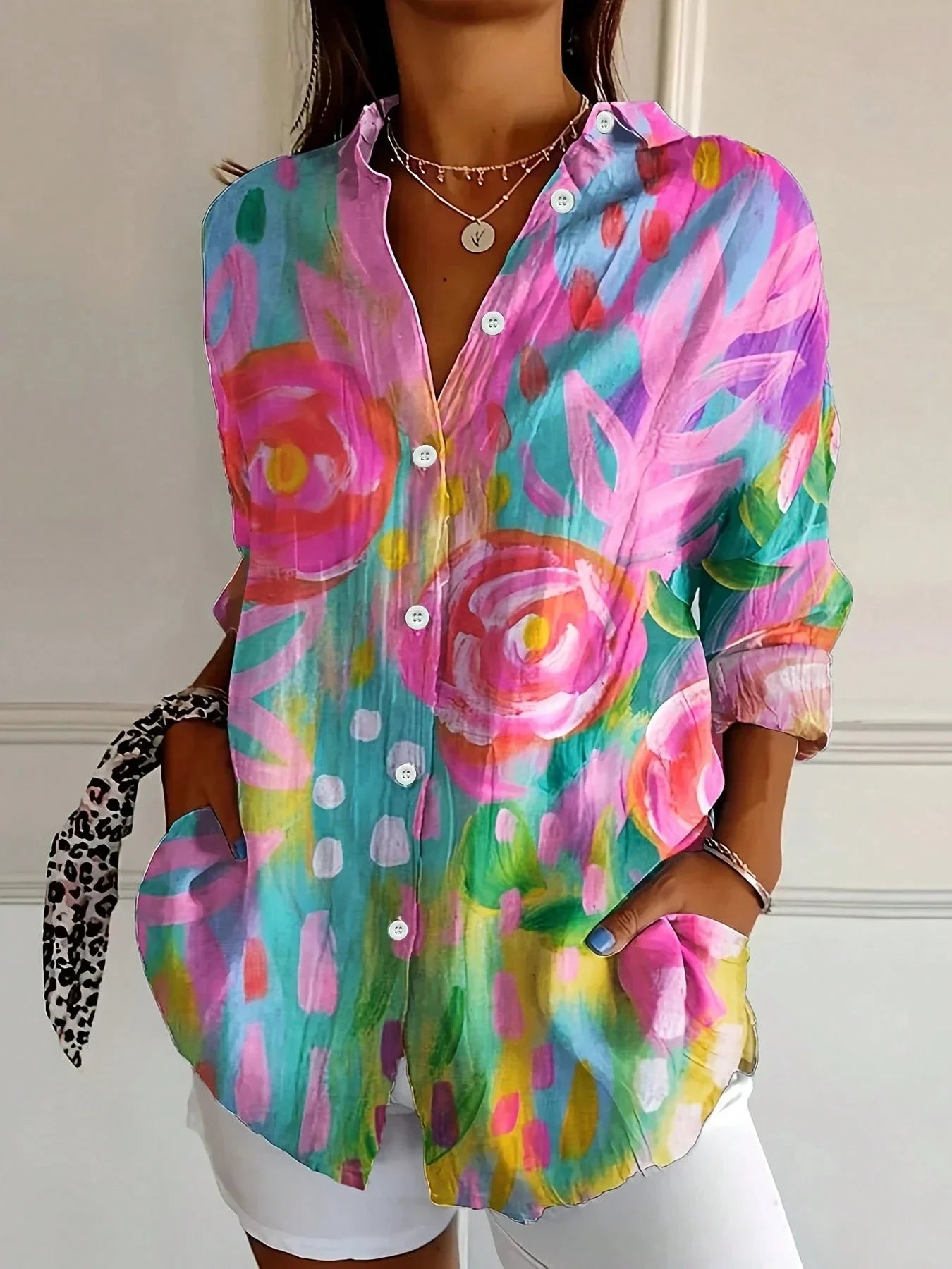 Christina | Artistic Print Relaxed Button-Up Blouse