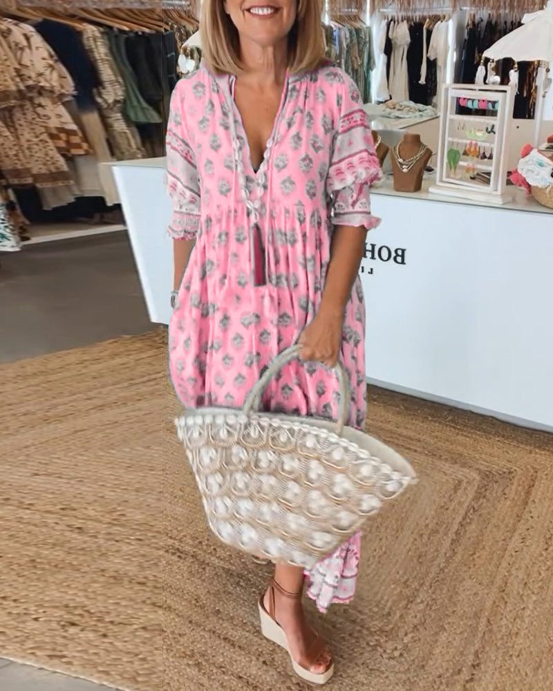 Claudia | Boho V-Neck Printed Midi Dress