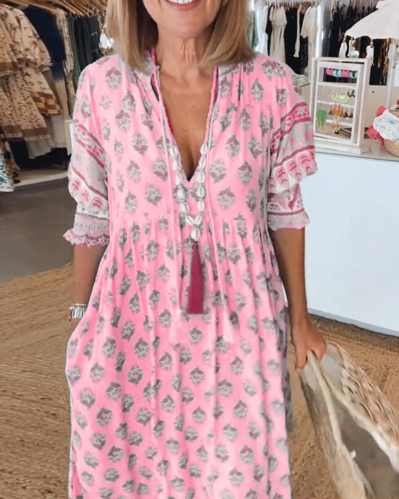 Claudia | Boho V-Neck Printed Midi Dress