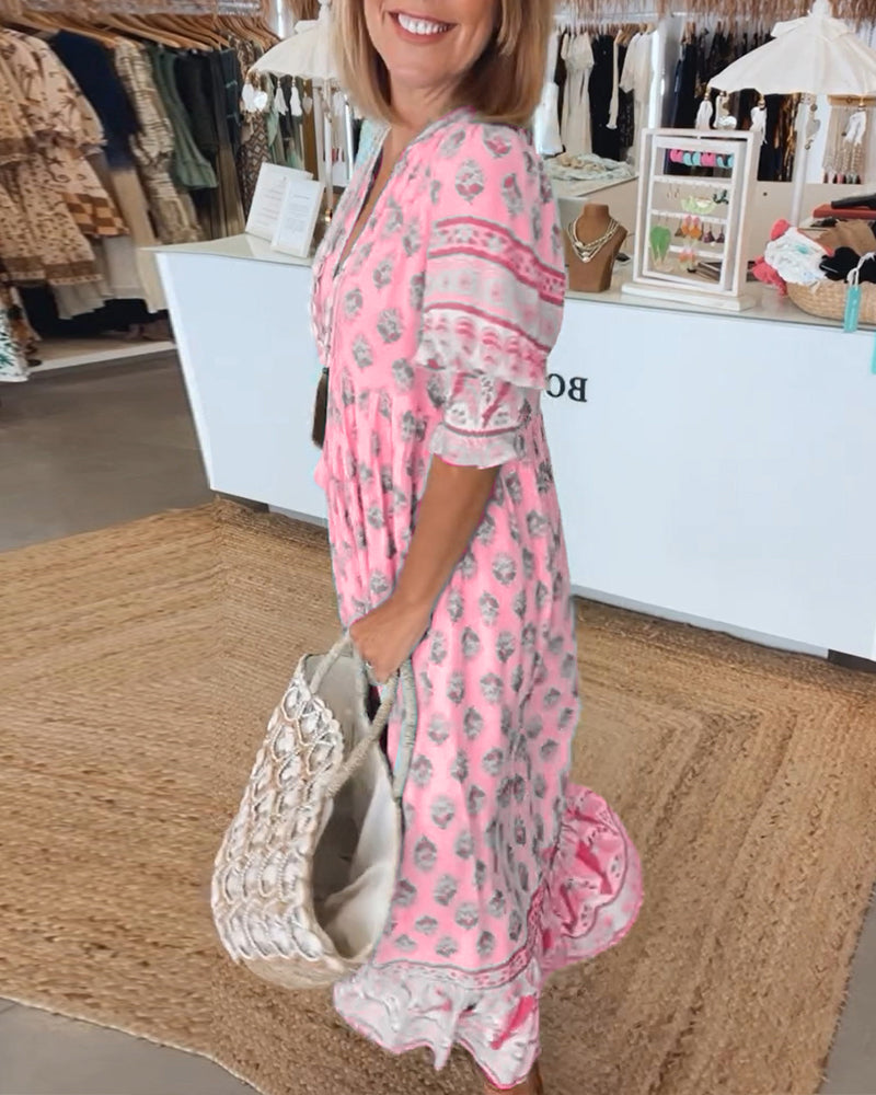 Claudia | Boho V-Neck Printed Midi Dress