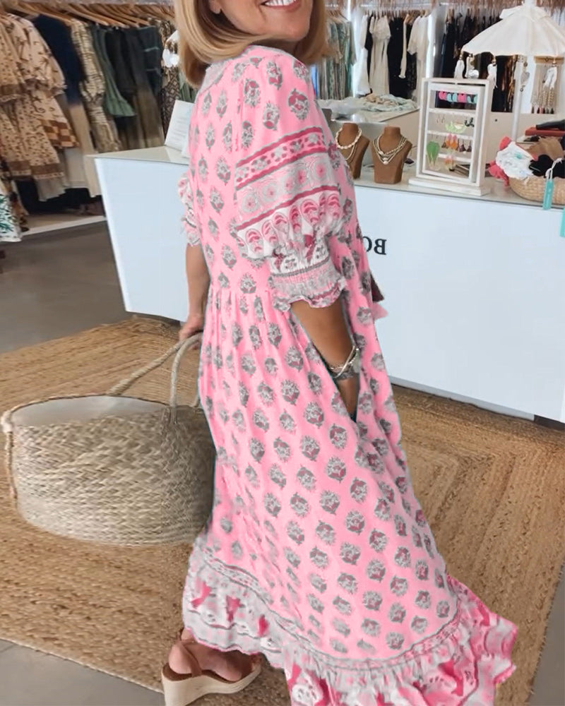 Claudia | Boho V-Neck Printed Midi Dress