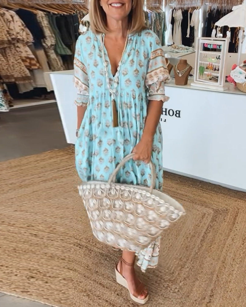 Claudia | Boho V-Neck Printed Midi Dress