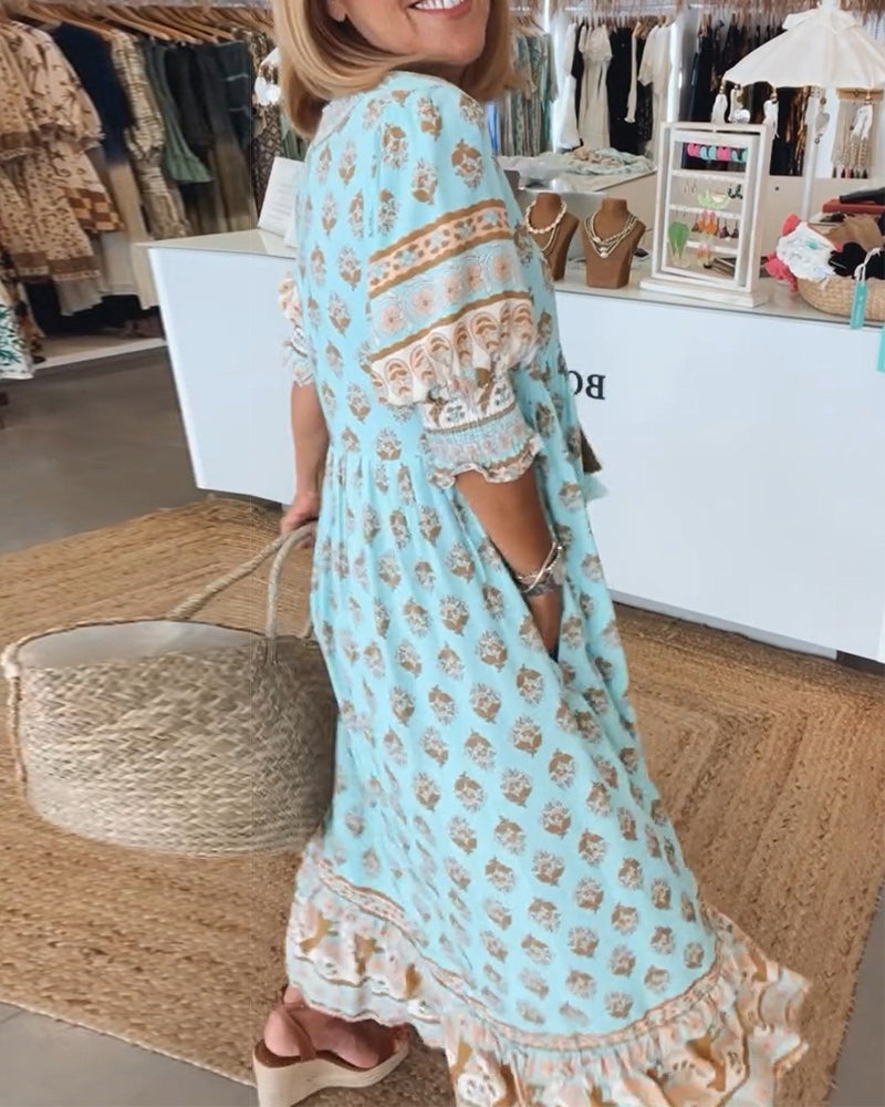 Claudia | Boho V-Neck Printed Midi Dress