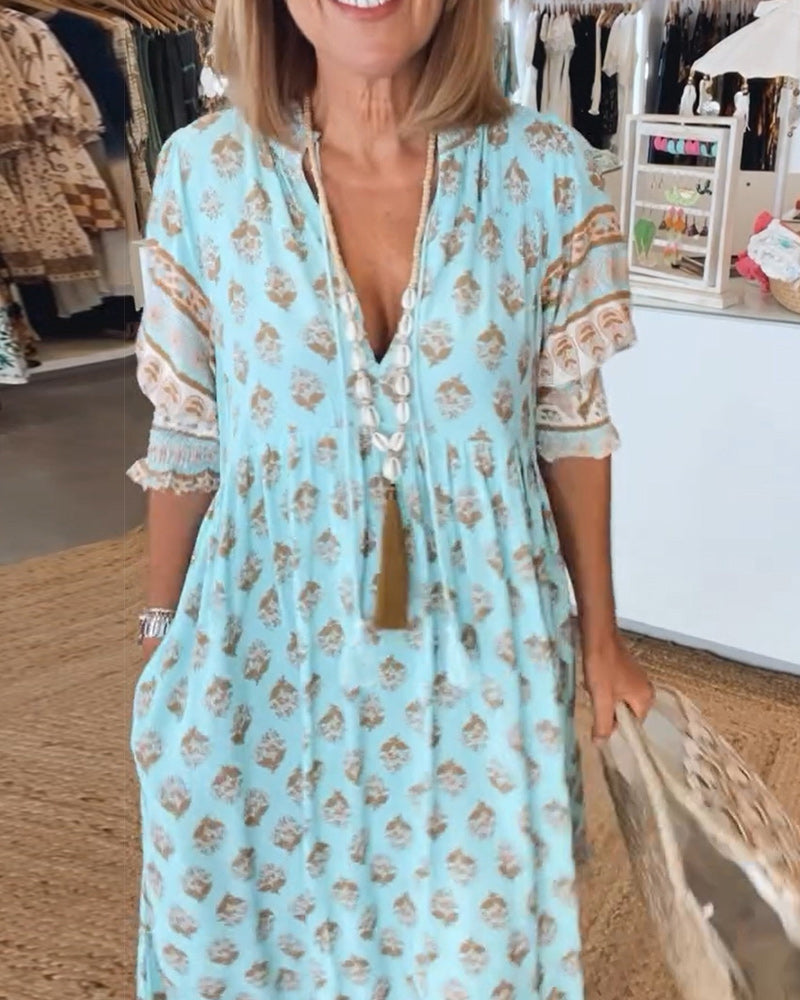 Claudia | Boho V-Neck Printed Midi Dress