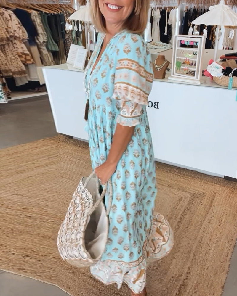 Claudia | Boho V-Neck Printed Midi Dress
