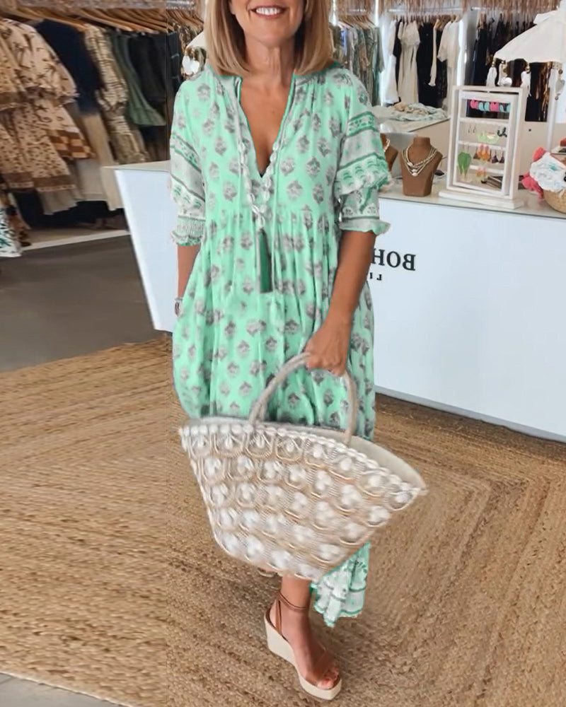 Claudia | Boho V-Neck Printed Midi Dress