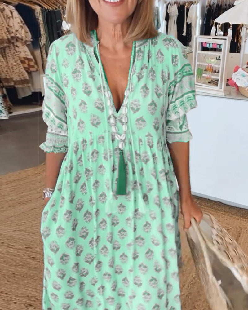 Claudia | Boho V-Neck Printed Midi Dress