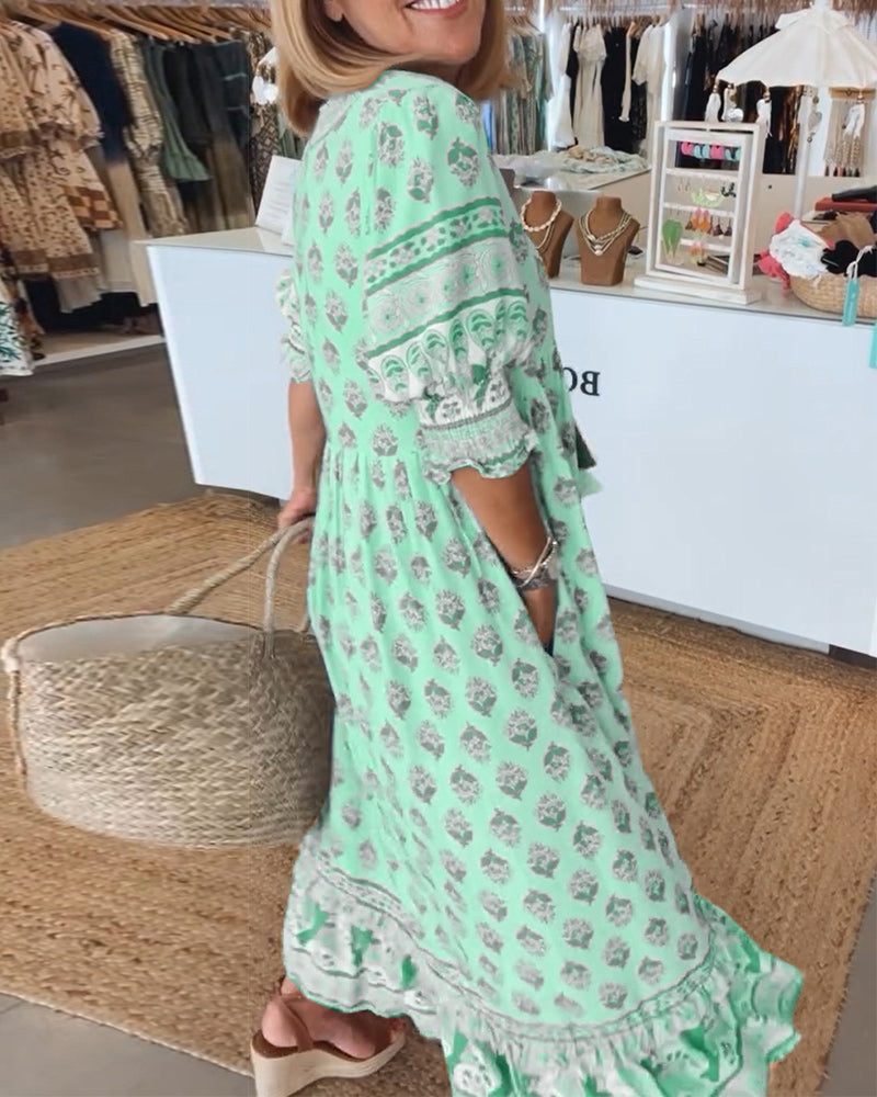 Claudia | Boho V-Neck Printed Midi Dress
