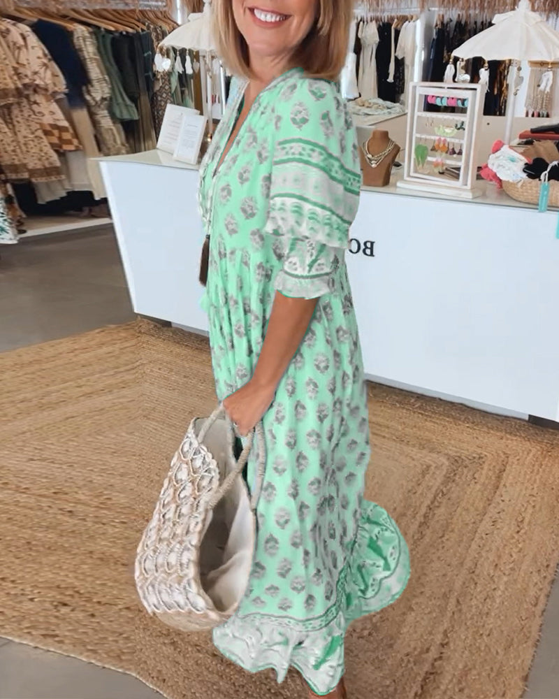 Claudia | Boho V-Neck Printed Midi Dress