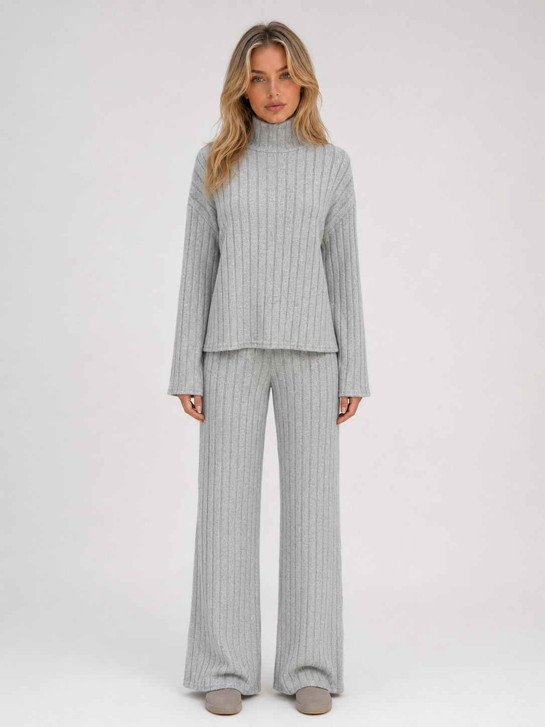 Cora ribbed knitted lounge set roll neck - front view