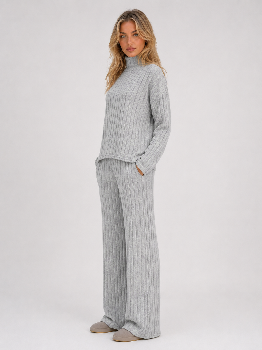 Cora ribbed knitted lounge set roll neck - back view