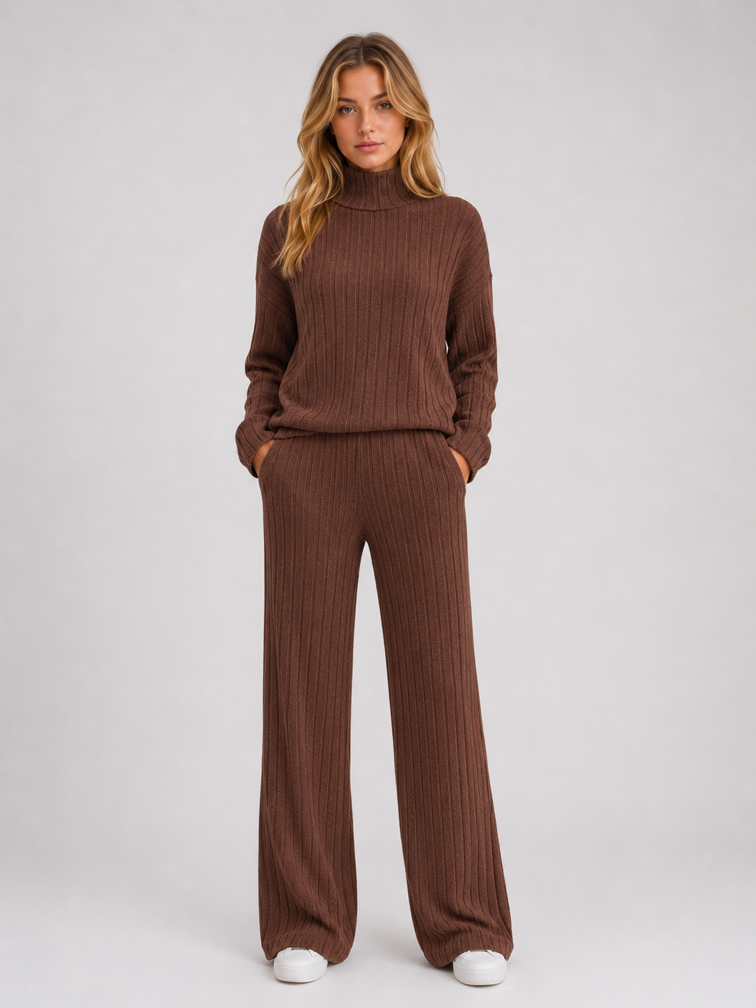 Cora ribbed knitted lounge set roll neck - styled outfit