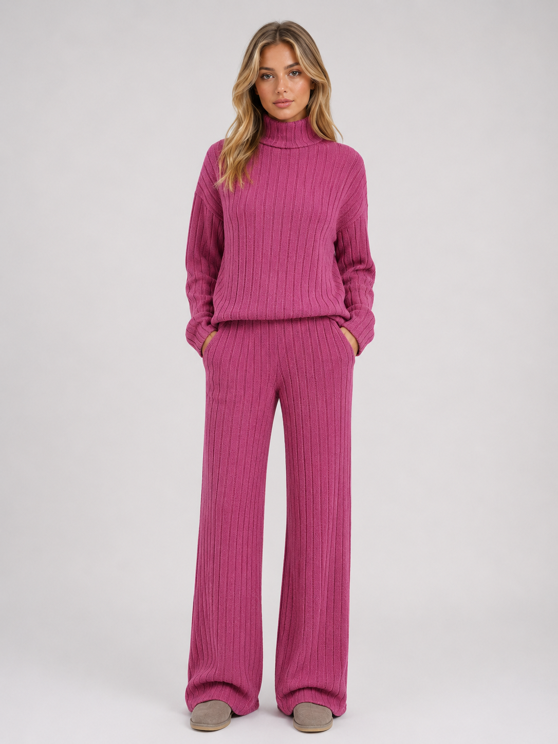 Cora ribbed knitted lounge set roll neck - full look
