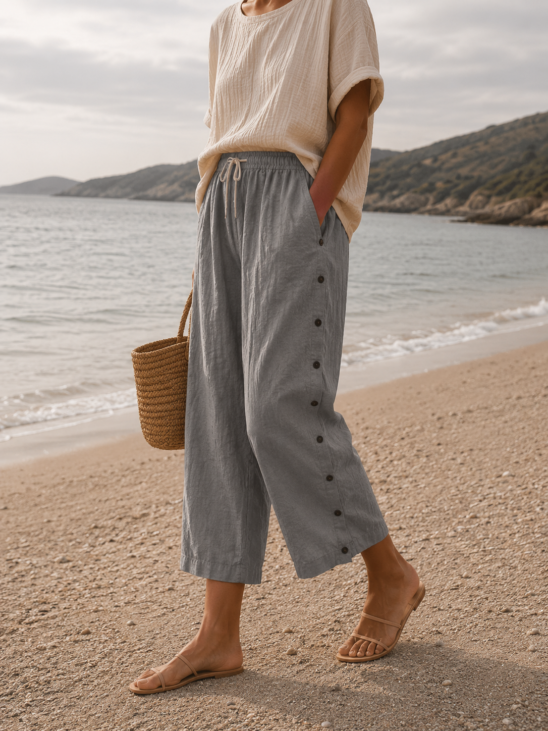 Coralie linen capri button detail - side view