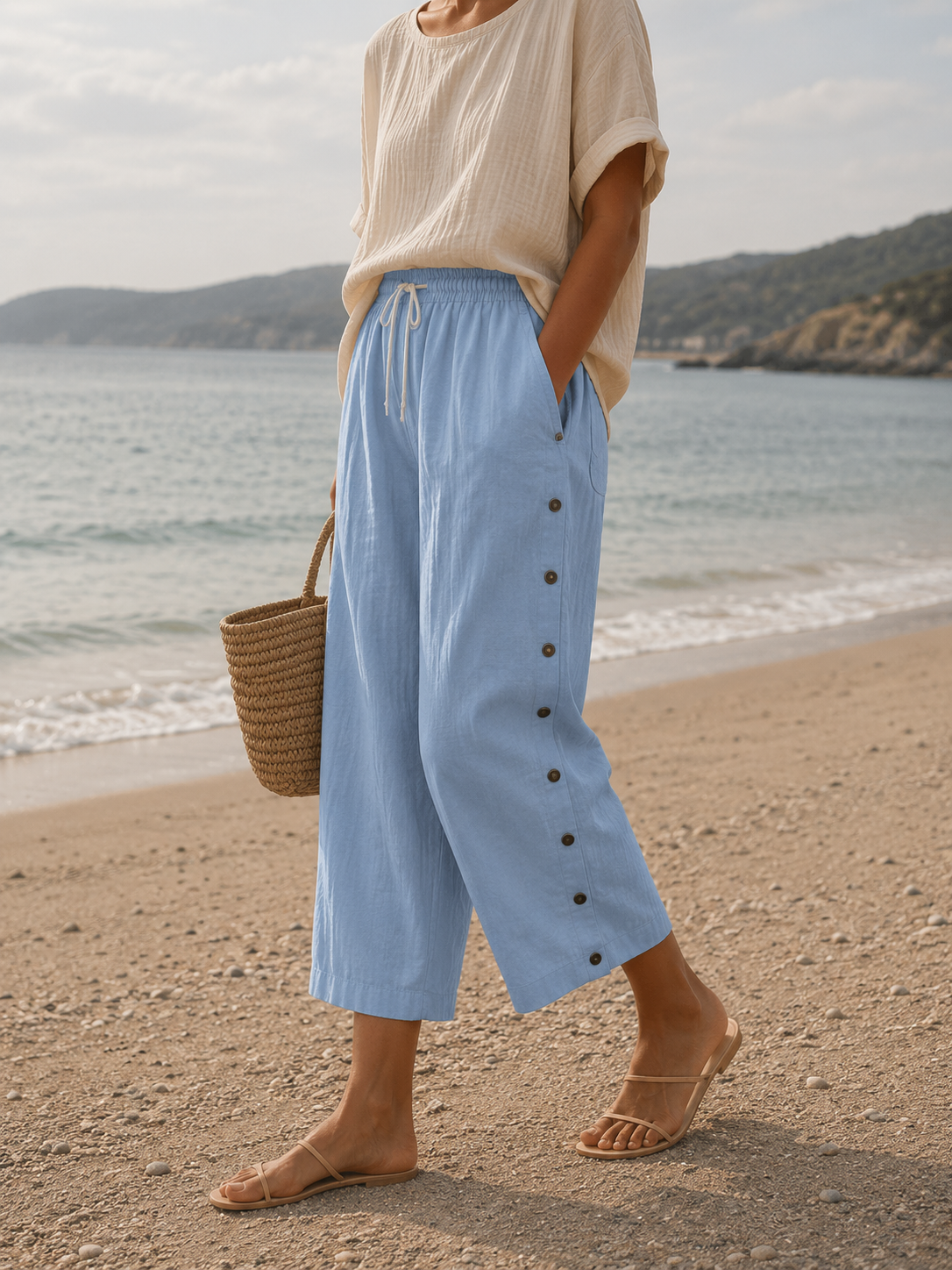 Coralie linen capri button detail - button detail