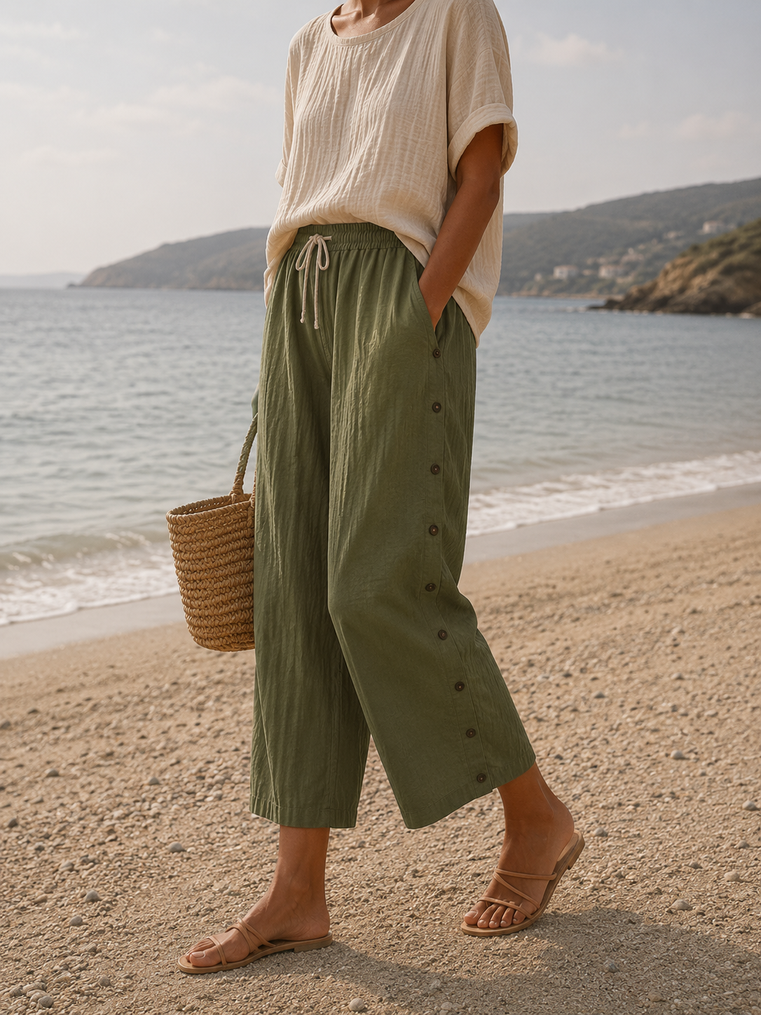 Coralie linen capri button detail - waistband detail