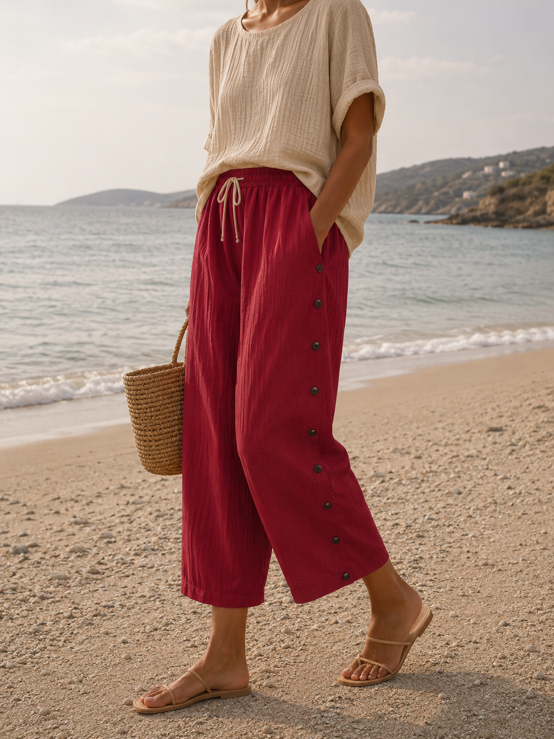 Coralie linen capri button detail - styled outfit