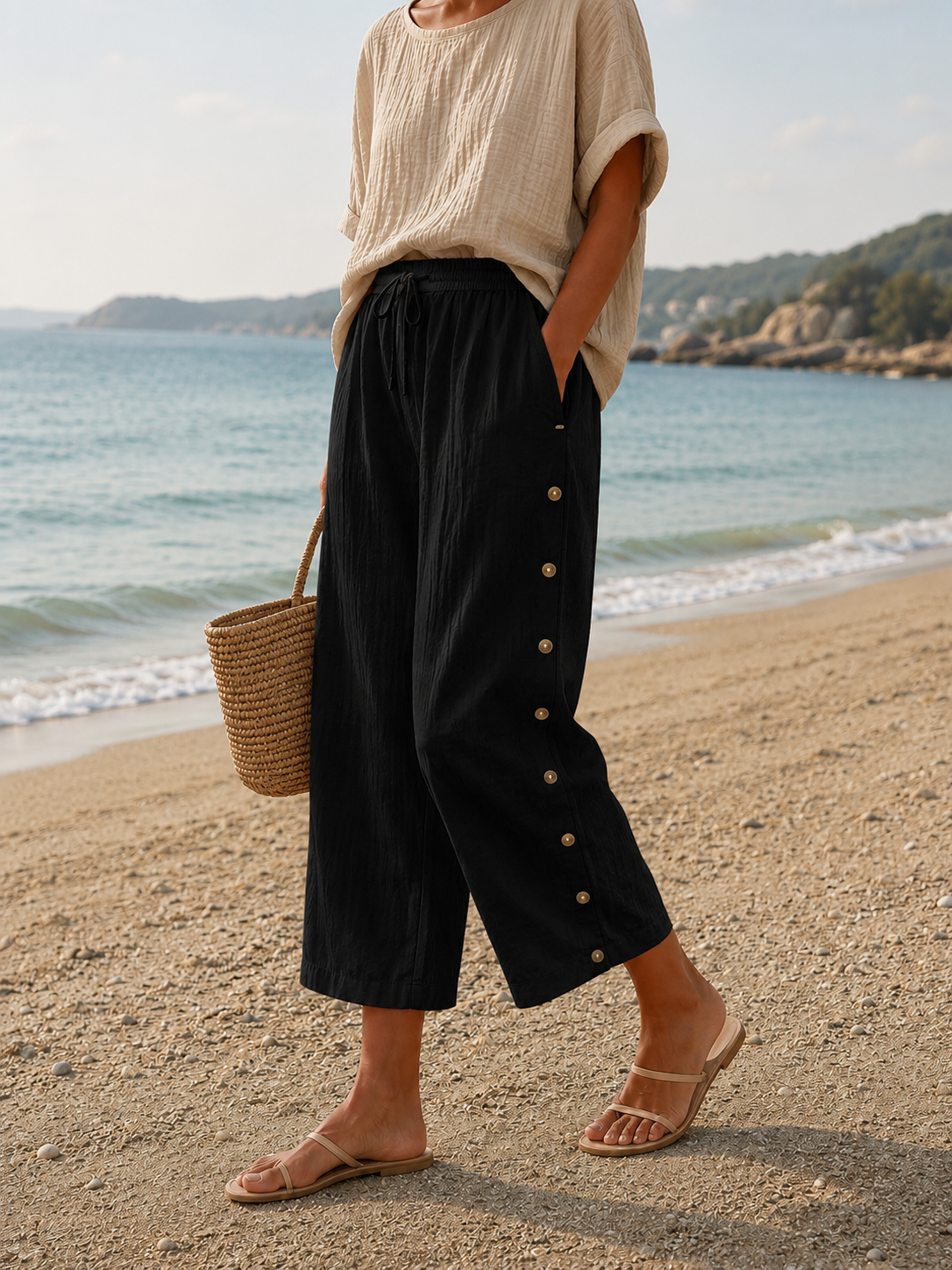 Coralie linen capri button detail - color options 1